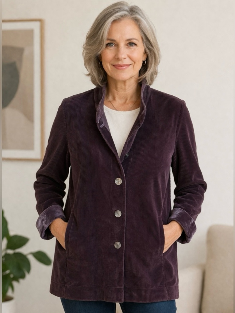 J.Jill Romantic Cotton Timeless Crushed Velvet Babydoll waist Deep Plum Jacket